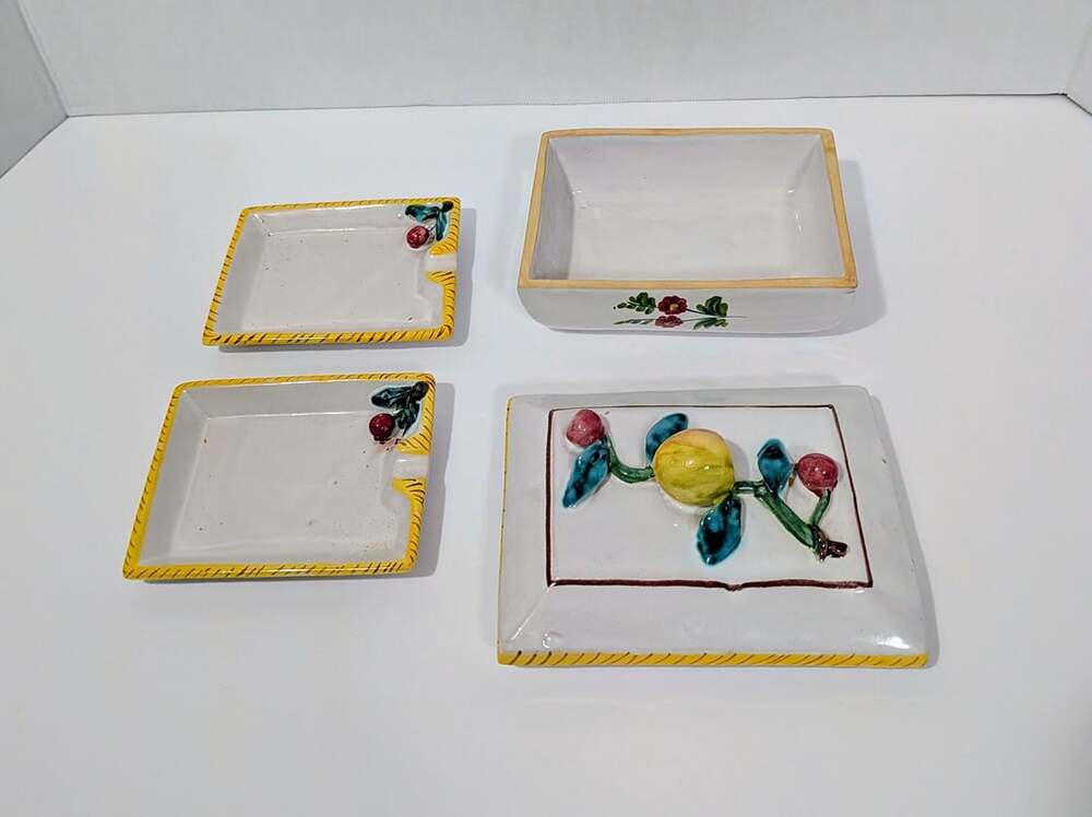 Vintage Italian Ceramic Ashtray Set Hand Painted Yellow Border Fruit Motif Italy